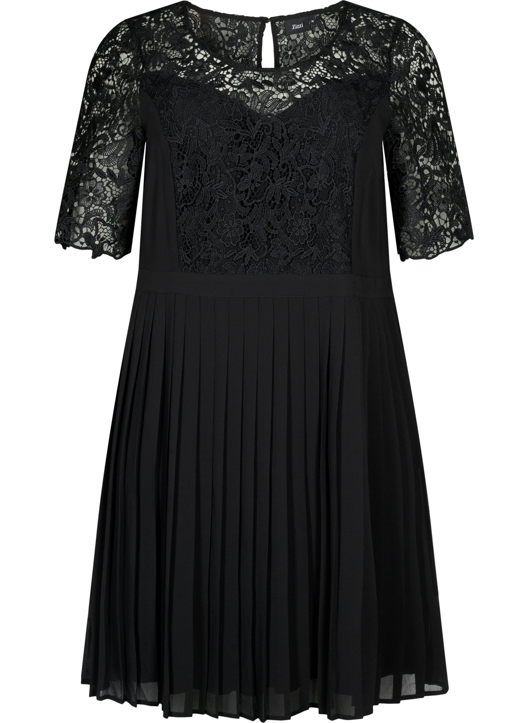 ZizziKortermet kjole med blondeoverdel, Black, Packshot image number 0