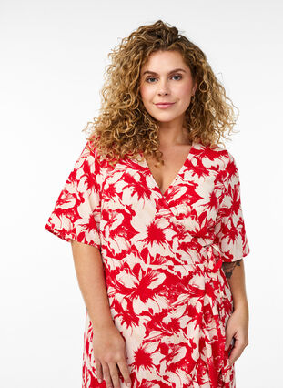 Zizzi Omslagskjole med trykk og korte ermer, Rød, Model image number 2