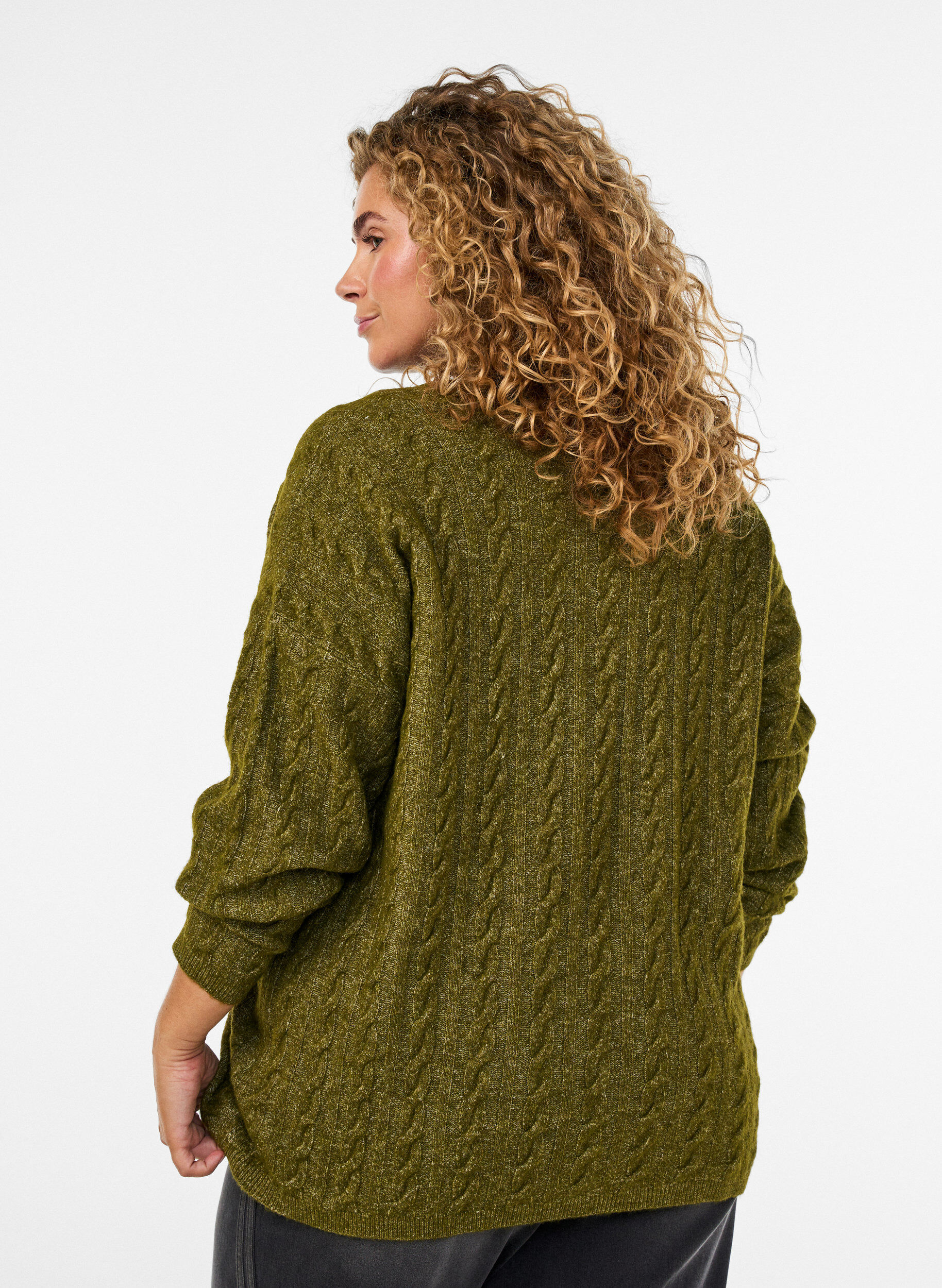 ZizziStrikket bluse med flettestrikk og V-hals, Gr&oslash;nn, Model image number 2