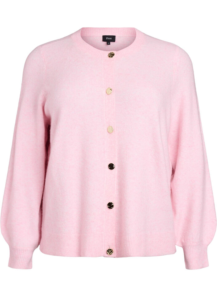 Cardigan i myk strikk med gullfargede knapper, Rosa, Packshot image number 0