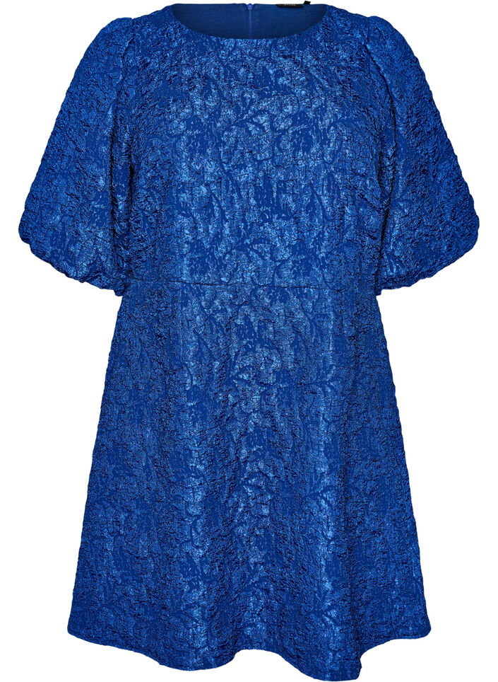 Jacquard kjole med puffermer og A-linje, Bl&aring;, Packshot image number 0