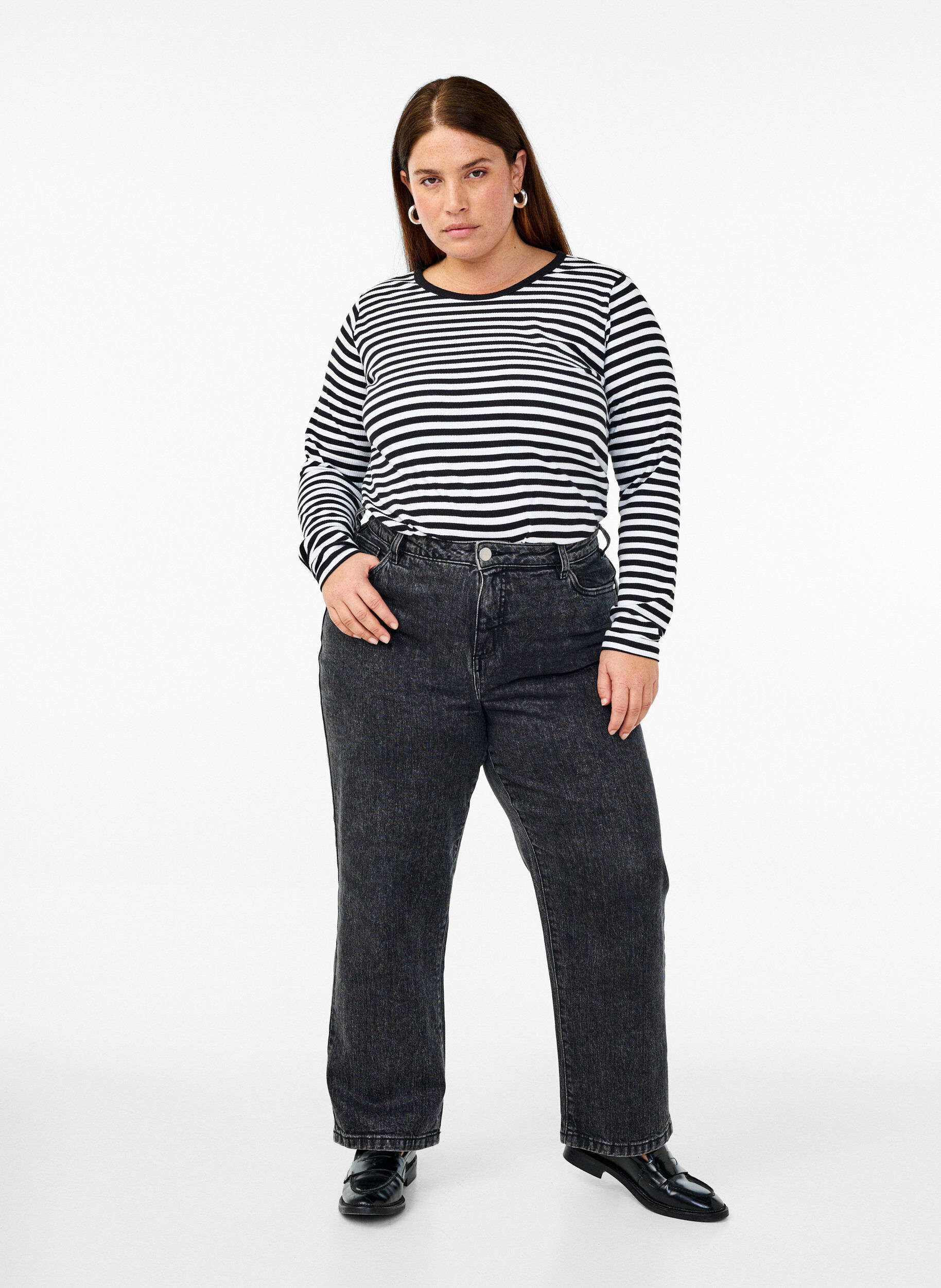 ZizziStripete bluse med lange ermer, Svart, Model image number 1