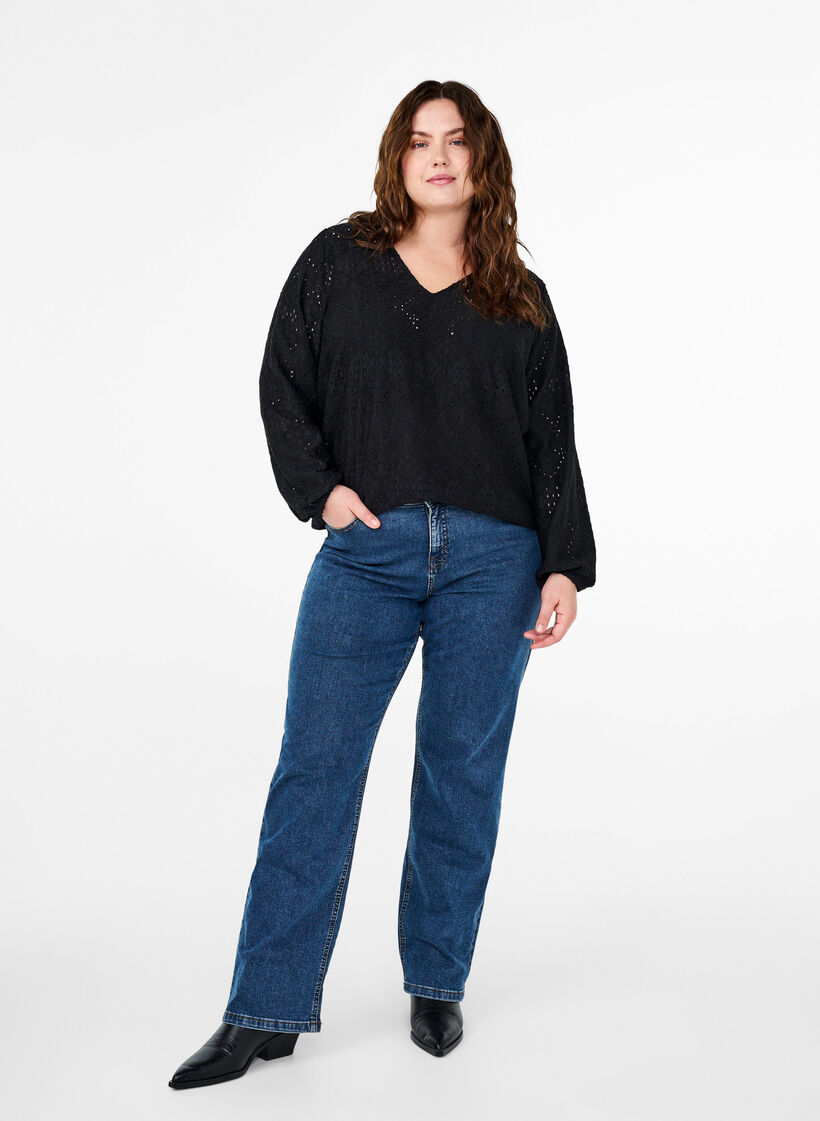 Langermet bluse med V-hals og hullmønster, Black, Model image number 2