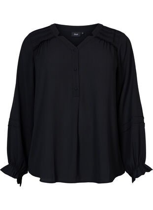Bluse med lange ermer og knappelukking, Black, Packshot image number 0