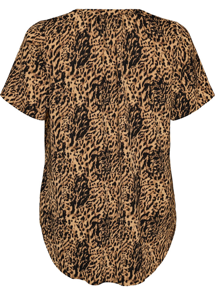 Bluse med korte ermer og v-hals, Brun, Packshot image number 1