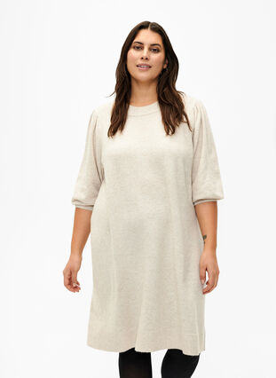Strikket kjole med 3/4 puffermer, Pumice S./White Mel., Model image number 0