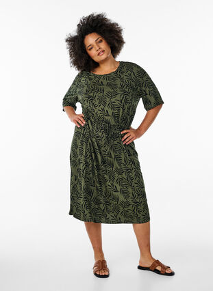 Zizzi Midilang jerseykjole med knytebelte i livet, Grønn, Model image number 0