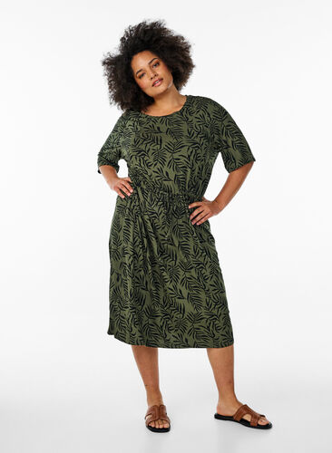 Zizzi Midilang jerseykjole med knytebelte i livet, Grønn, Model image number 0