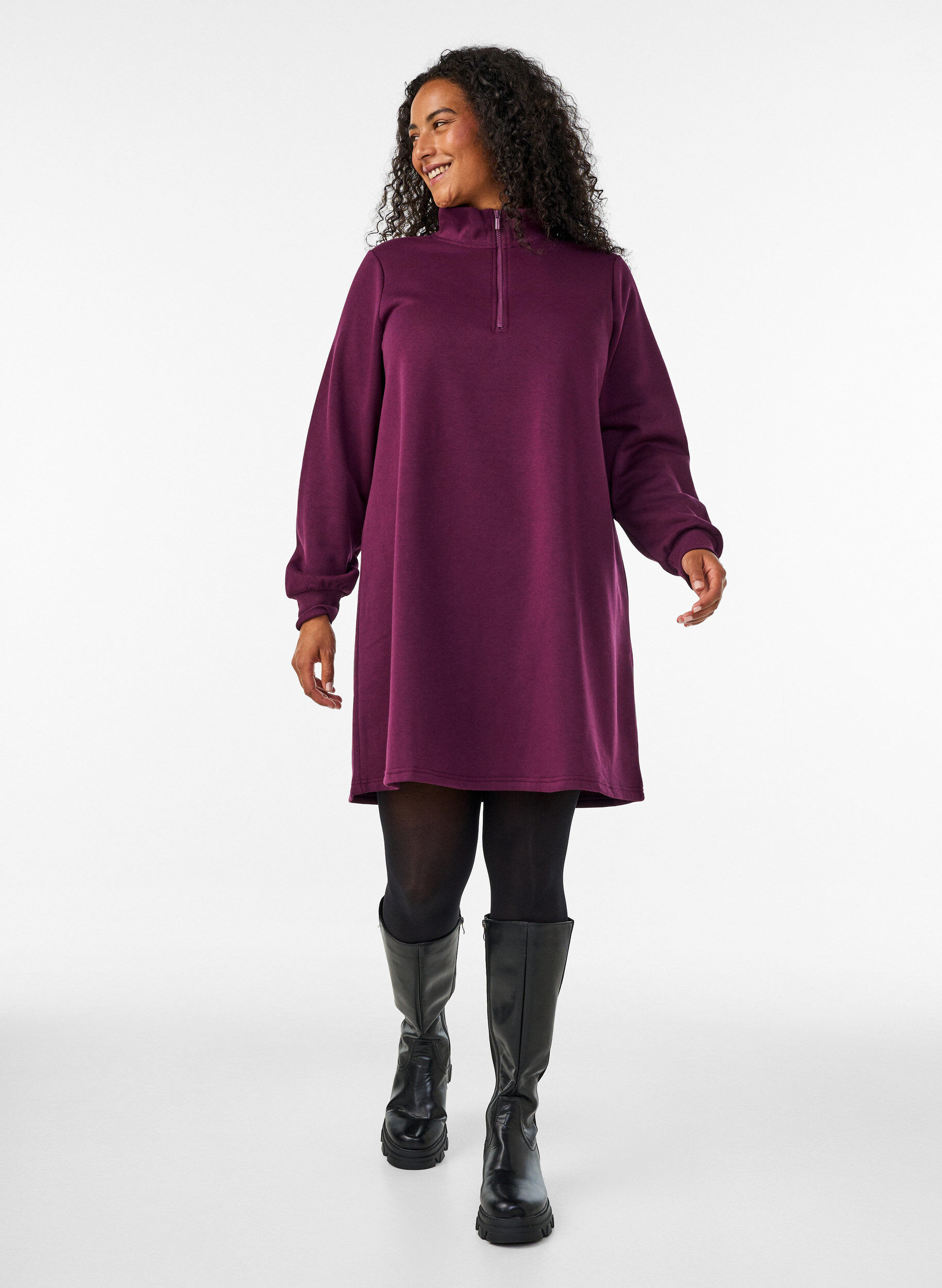 ZizziGenserkjole med h&oslash;y ribbekrage og glidel&aring;s, Lilla, Model image number 1