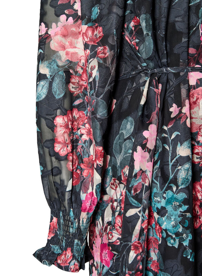 Blomstret midikjole med vevd tekstur og knytebelte, Svart, Packshot image number 3