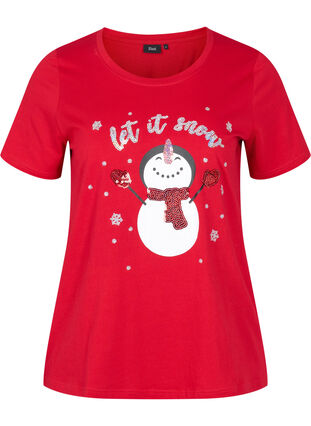 T-skjorte med julemotiv i bomull, Tango Red Snowman, Packshot image number 0