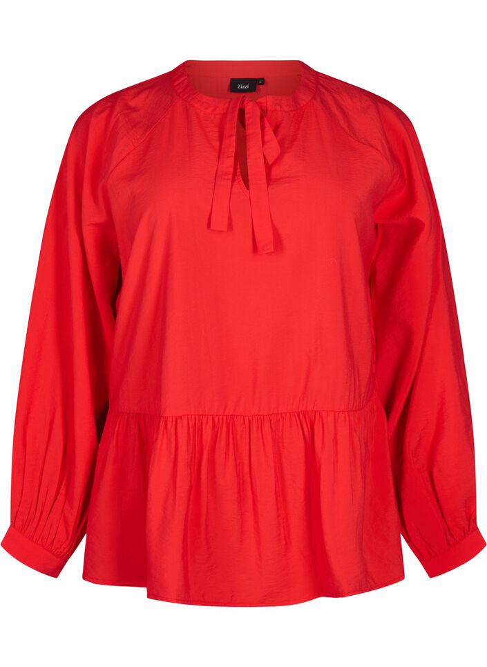 Bluse med sløyfe og lange ermer, Rød, Packshot image number 0
