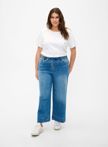 Cropped jeans med vidde, Blue denim, Model image number 0