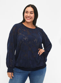 Jacquardbluse med smocking, Navy Blazer, Model