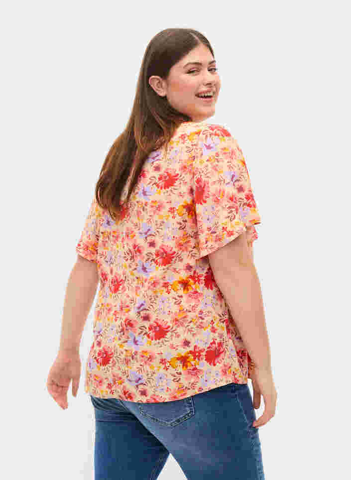 Kortermet viskosebluse med blomstermønster, Red Orange AOP, Model