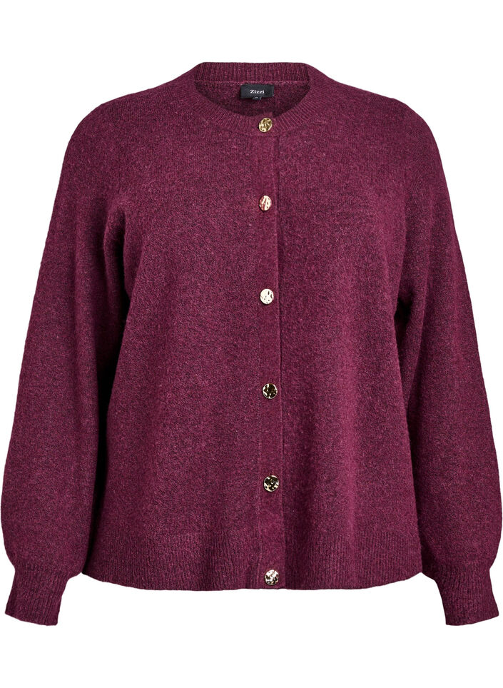 Cardigan i myk strikk med gullfargede knapper, Mørk Bordeaux, Packshot image number 0
