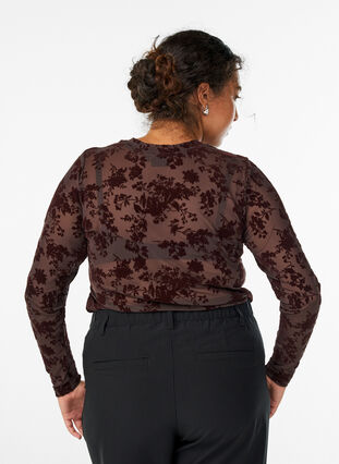 Zizzi Bluse i mesh med blomster-mønster, Brun, Model image number 2