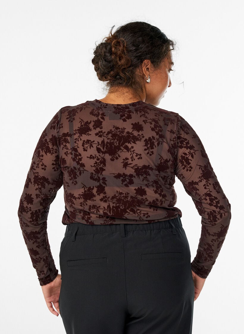 Bluse i mesh med blomster-mønster, Brun, Model image number 2
