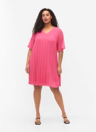 Kjole med korte ermer og struktur, Shocking Pink, Model image number 2