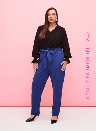 Bukser med høy midje, volanger og knytebånd, Blue Quartz, Model image number 0