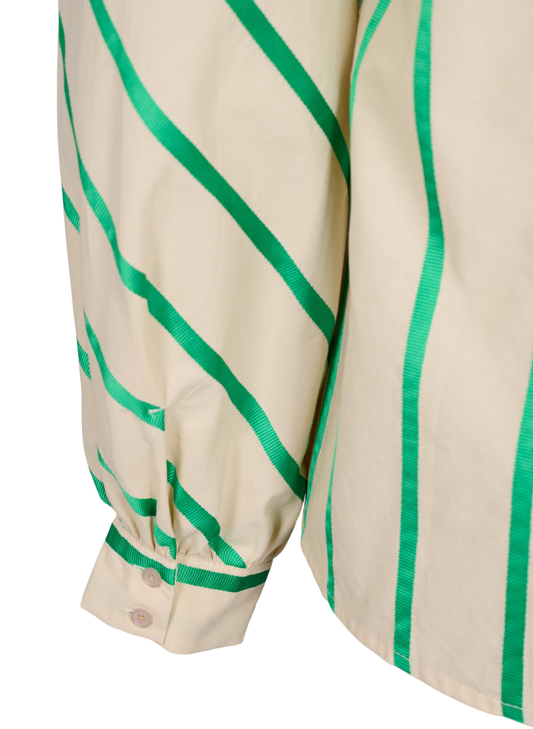 Zizzi Stripete skjortebluse i bomull med volangkrage, Beige Green Stripe, Packshot image number 3