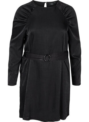 Kjole med puffermer og midjebelte, Black, Packshot image number 0