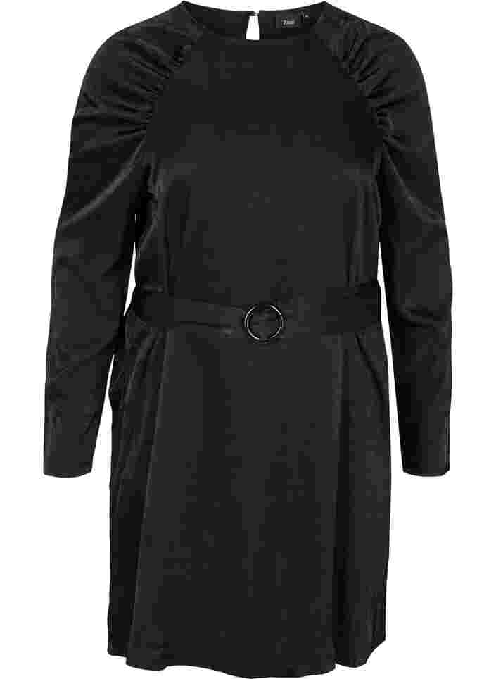 Kjole med puffermer og midjebelte, Black, Packshot image number 0