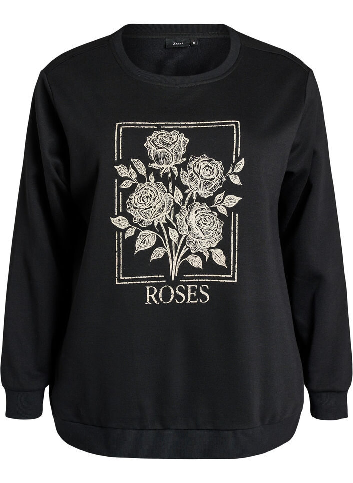 Genser med rosetrykk og rhinesteiner, Svart, Packshot image number 0