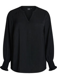 Bluse med smockmansjetter og V-hals, Svart