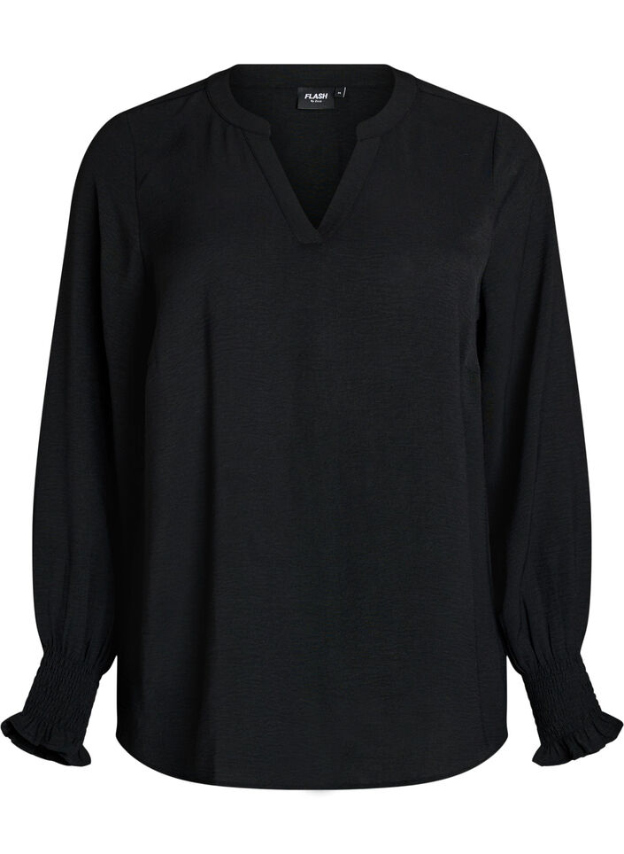 Bluse med smockmansjetter og V-hals, Svart, Packshot image number 0