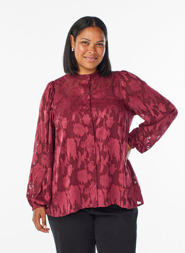 Zizzi Bluse med knapper og blomsterprint, Mørk Bordeaux, Model image number 0
