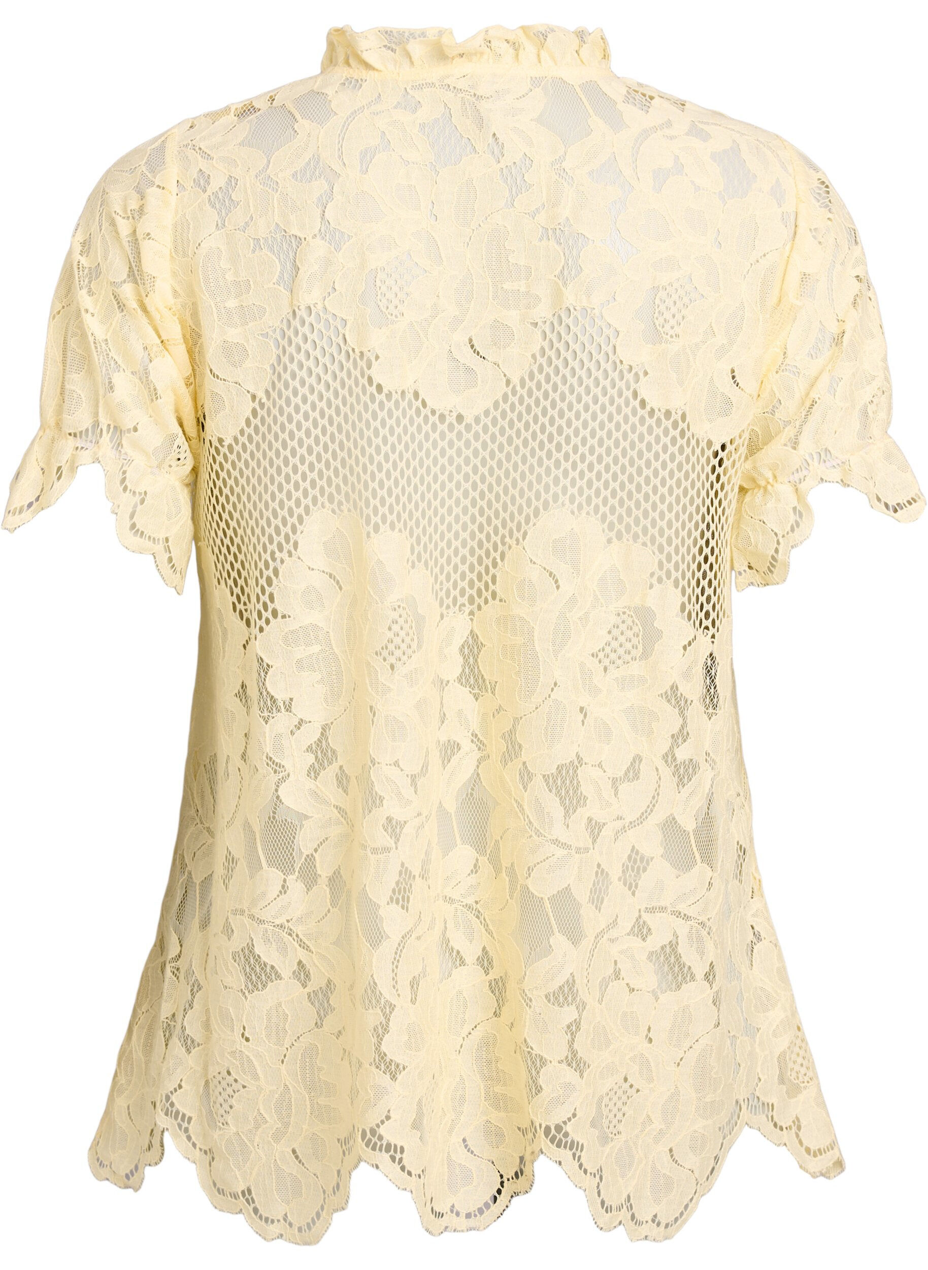 ZizziBluse med blonder, volangkrage og korte ermer, Gul, Packshot image number 1