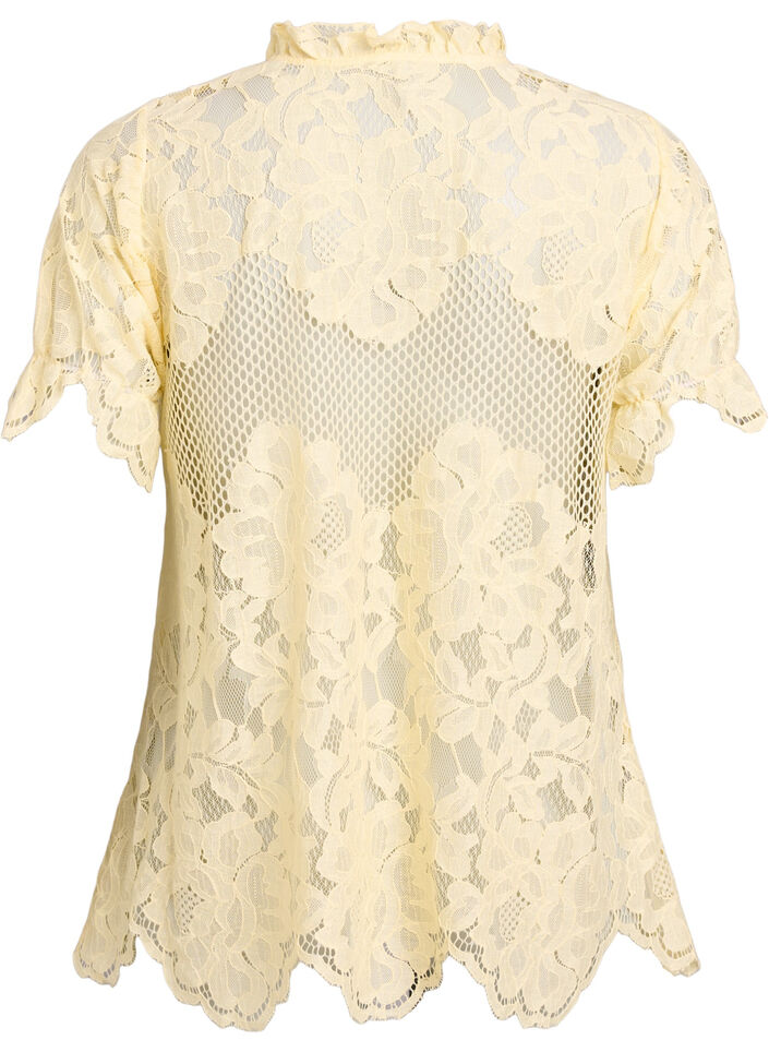 Bluse med blonder, volangkrage og korte ermer, Gul, Packshot image number 1