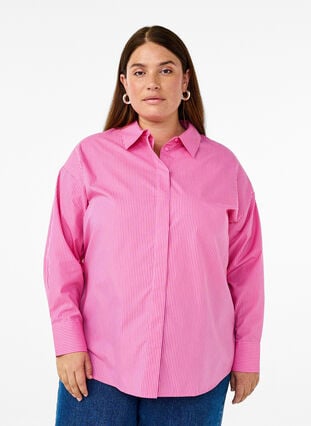 Zizzi Løs langermet skjorte med striper, Rosa, Model image number 0