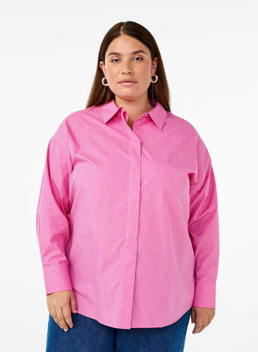 Zizzi Løs langermet skjorte med striper, Rosa, Model image number 0