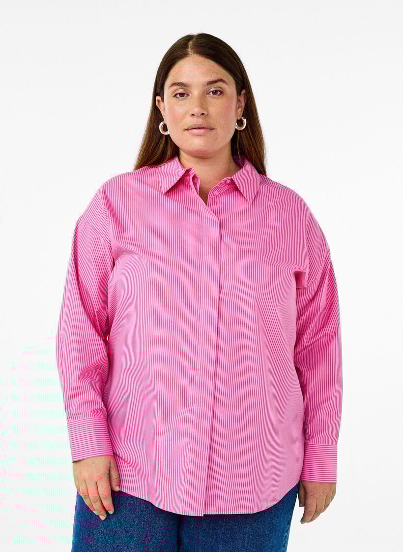 Løs langermet skjorte med striper, Rosa, Model image number 0