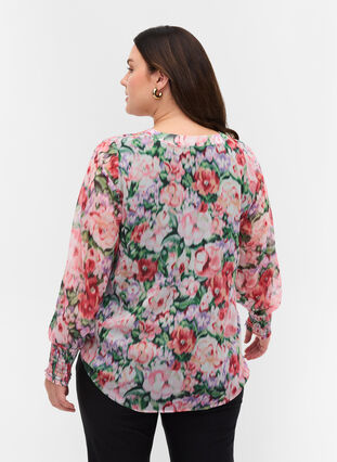 Blomstrete bluse med lange ermer og smock, Flower AOP, Model image number 1