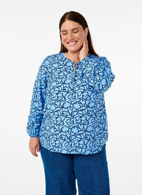 Langermet bluse med mønster og knapper, Blå Langermet bluse med mønster og knapper, Blå, Model