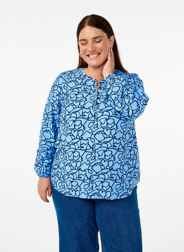 Zizzi Langermet bluse med mønster og knapper, Blå, Model image number 0