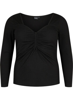 Zizzi Bluse i ribbestrikk med hull som detalj, Black, Packshot image number 0