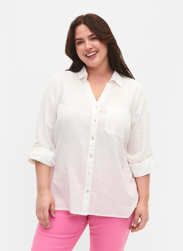 Skjortebluse med knappelukking i bomull-linblanding, White, Model image number 0