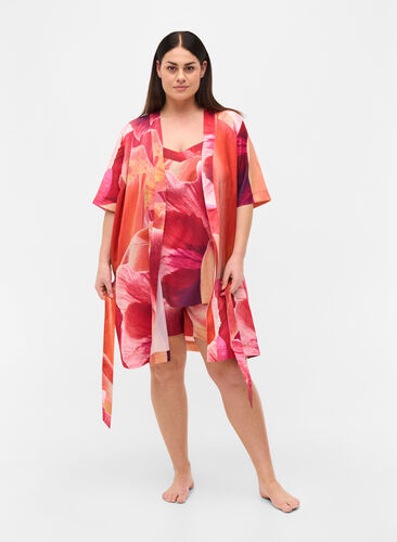 Mønstrete morgenkåpe med korte ermer, Orange Pink AOP, Model image number 2