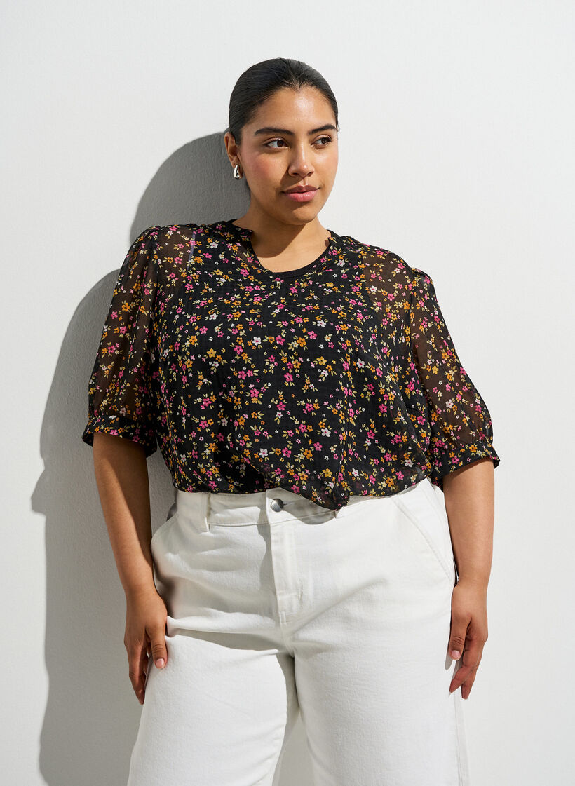 Bluse med blomstertrykk og V-hals, Svart, Image image number 0