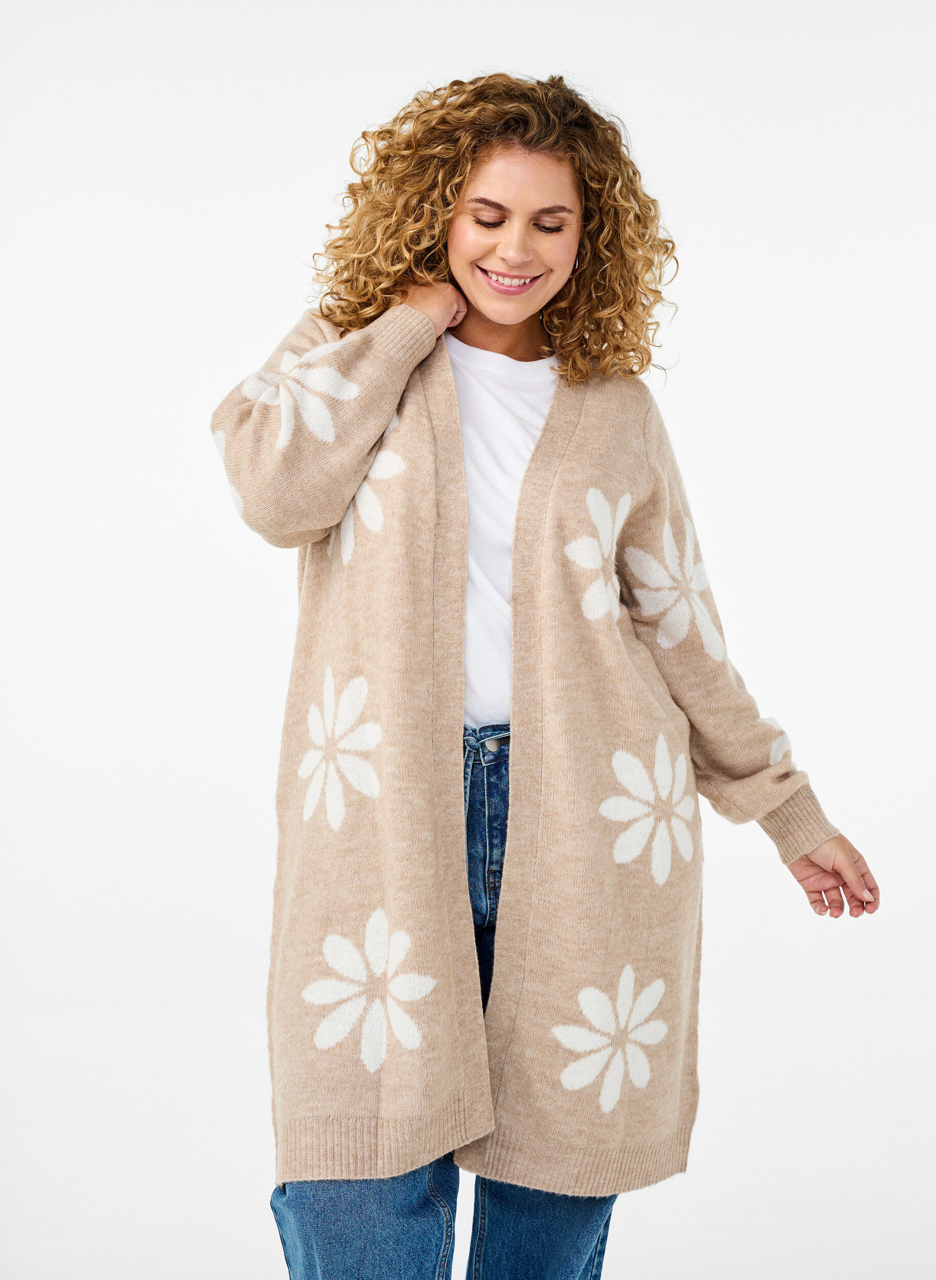 Zizzi Lang strikket cardigan med blomster, Simply Taupe Comb, Model image number 0