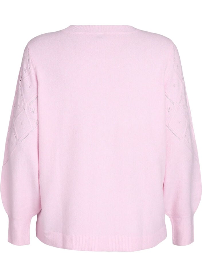 Strikket topp med hullmønster og ballongermer, Rosa, Packshot image number 1