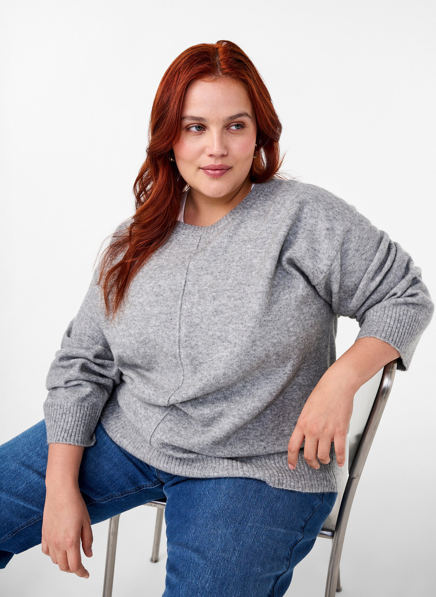 Zizzi Strikket bluse med rund hals og midts&oslash;m, Light Grey Melange, Image image number 0