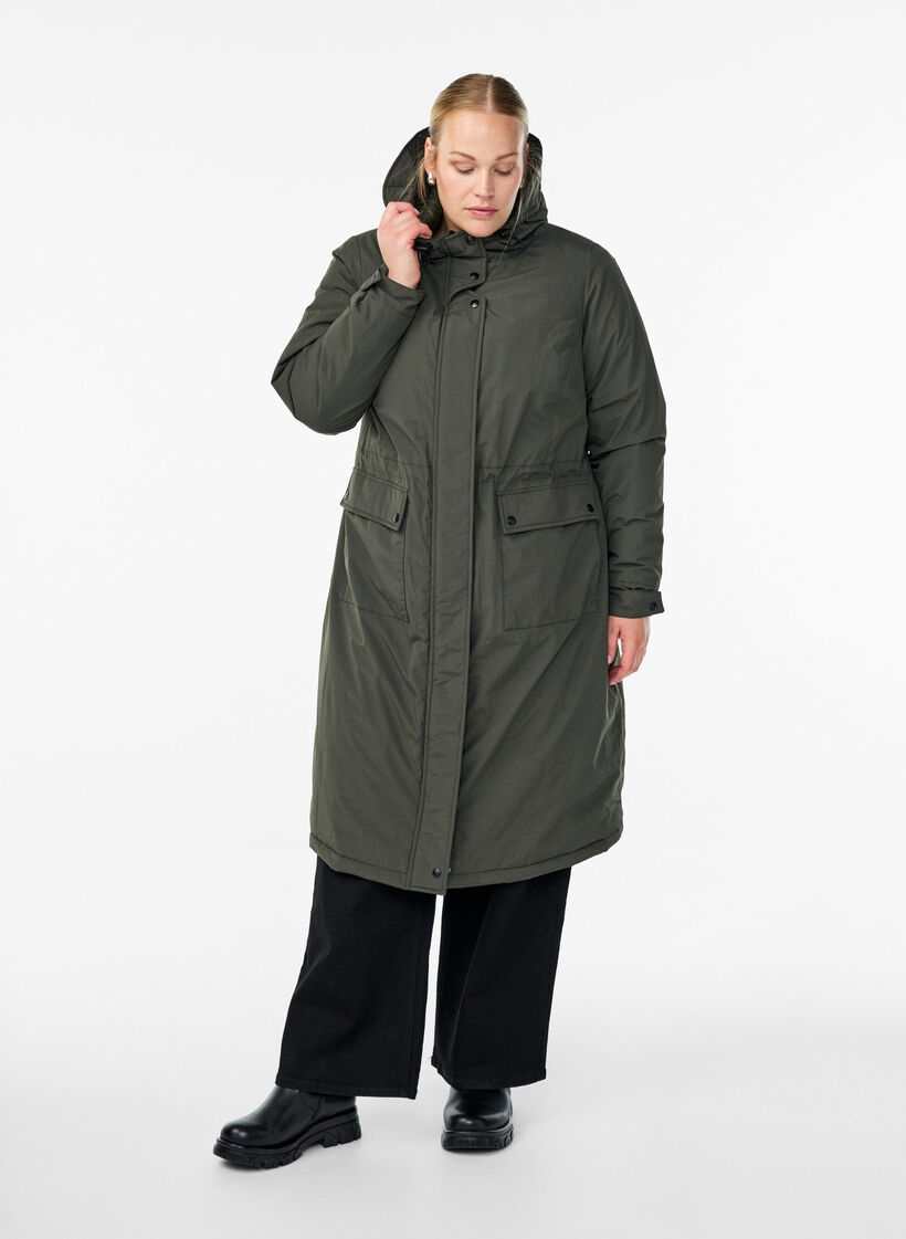 Parka med hette og justerbar midje, Grønn, Model image number 1
