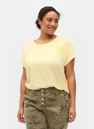 Melert T-skjorte i bomull, Pale Banana Melange, Model image number 0