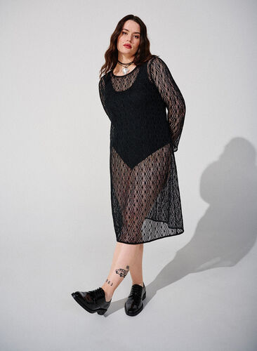 Heklet kjole med lange ermer, Black, Image image number 0