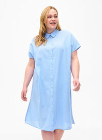 Lang skjorte i bomullsblanding med lin, Serenity, Model